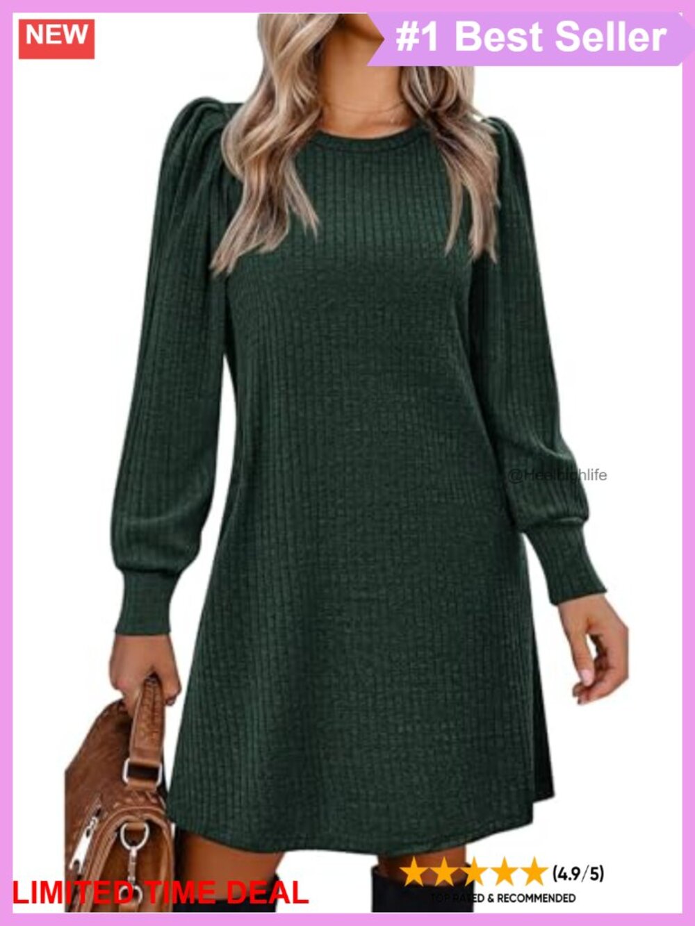 Knit Tunic Dress with Puff Long Sleeve Crew Neck A-Line Casual Fall Winter